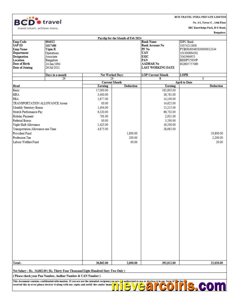 BCD Travel India payslip